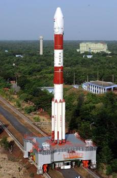 The PSLV-C17 being hauled towards the launch pad at Sriharikota. Image: ISRO